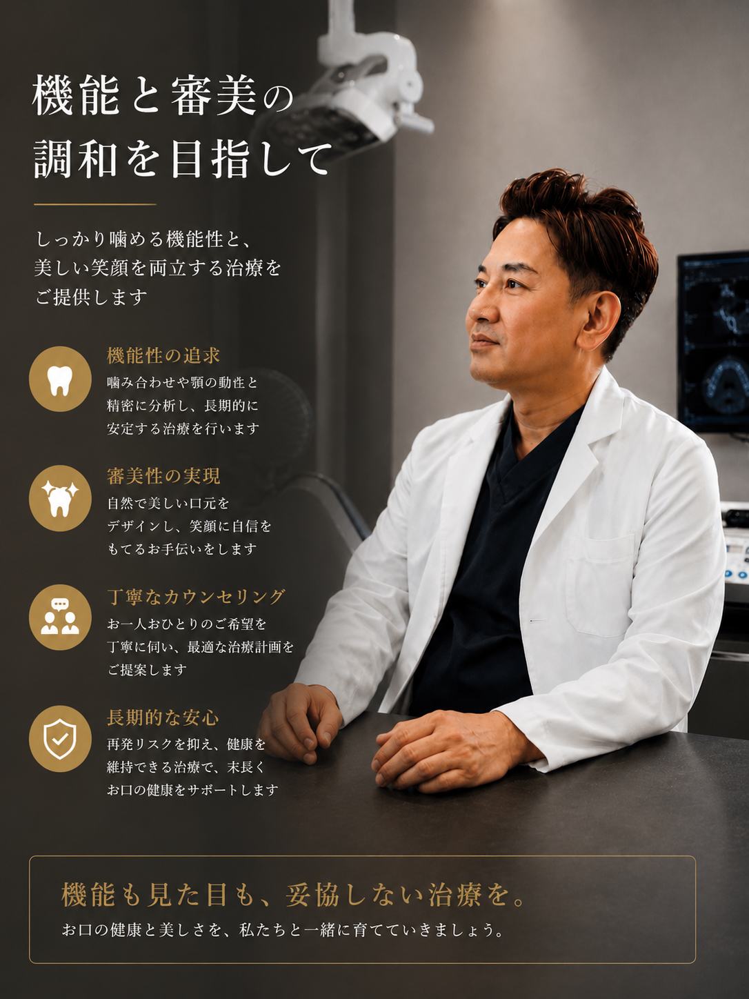 落ち着いて通っていただける空間づくりと長期安定を重視した治療設計